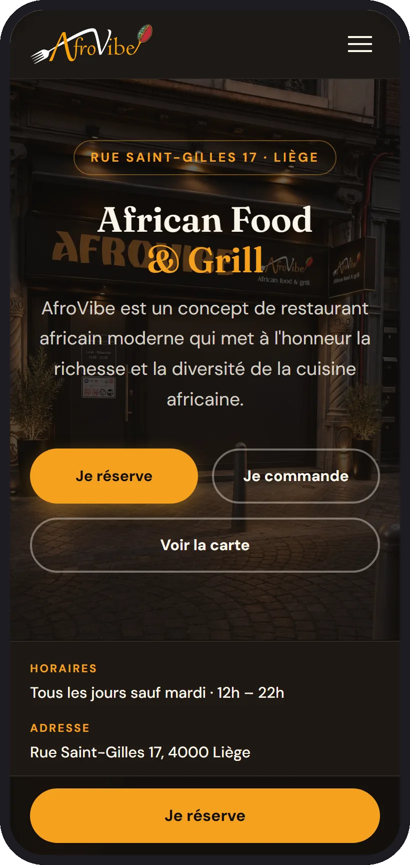 Le site d'AfroVibe affiché sur un téléphone : African Food & Grill, boutons Je réserve, Je commande, Voir la carte